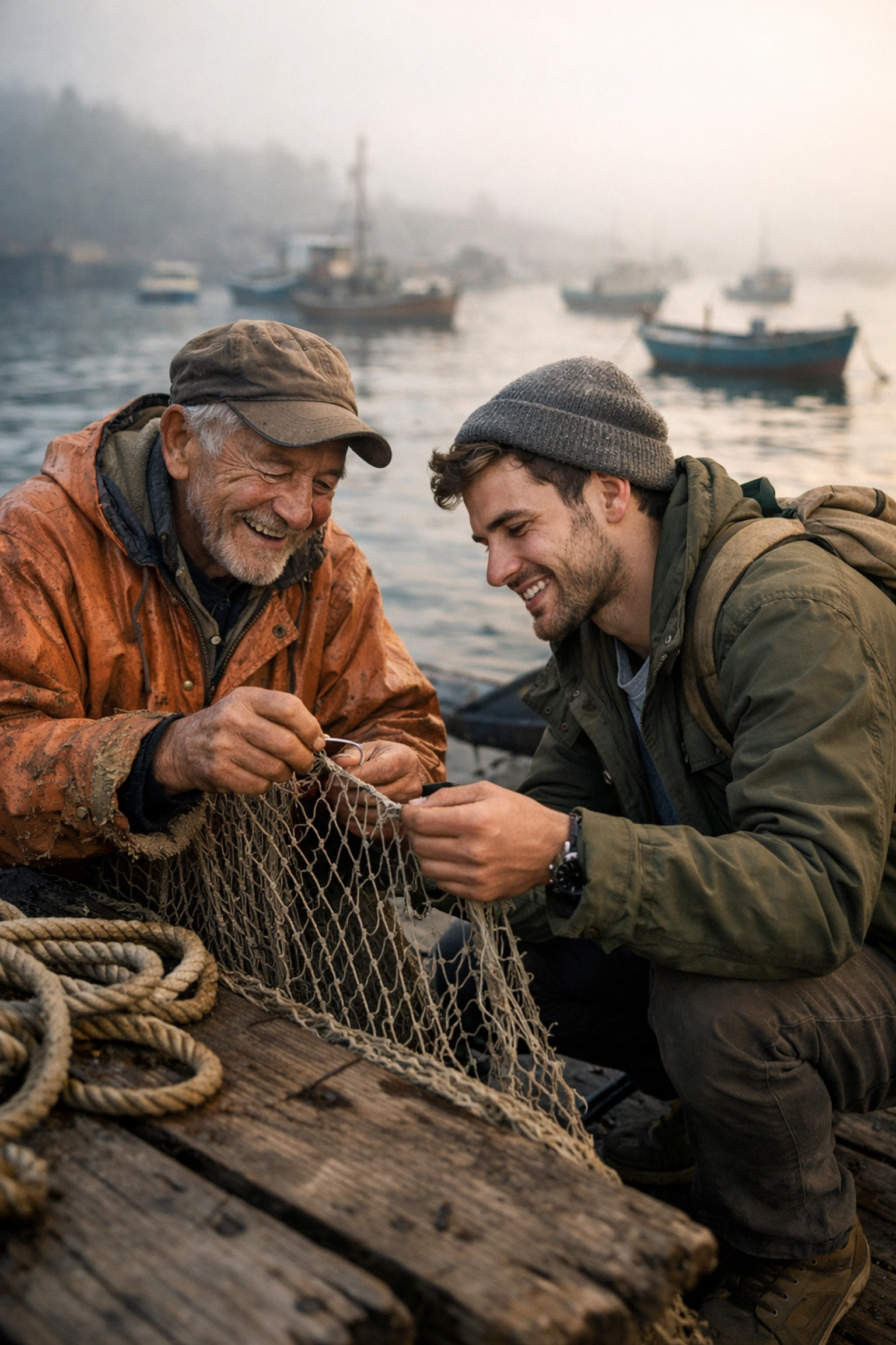 A local fisherman teaching a traveler to mend nets, illustrating an authentic cultural exchange through slow travel.