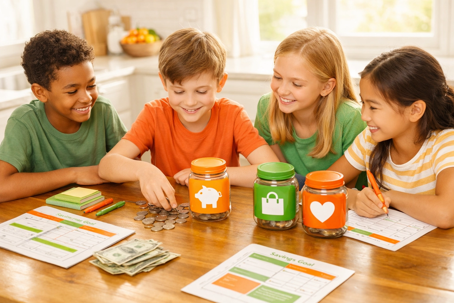 Children learning financial literacy and budgeting with save, spend, and give jars at home