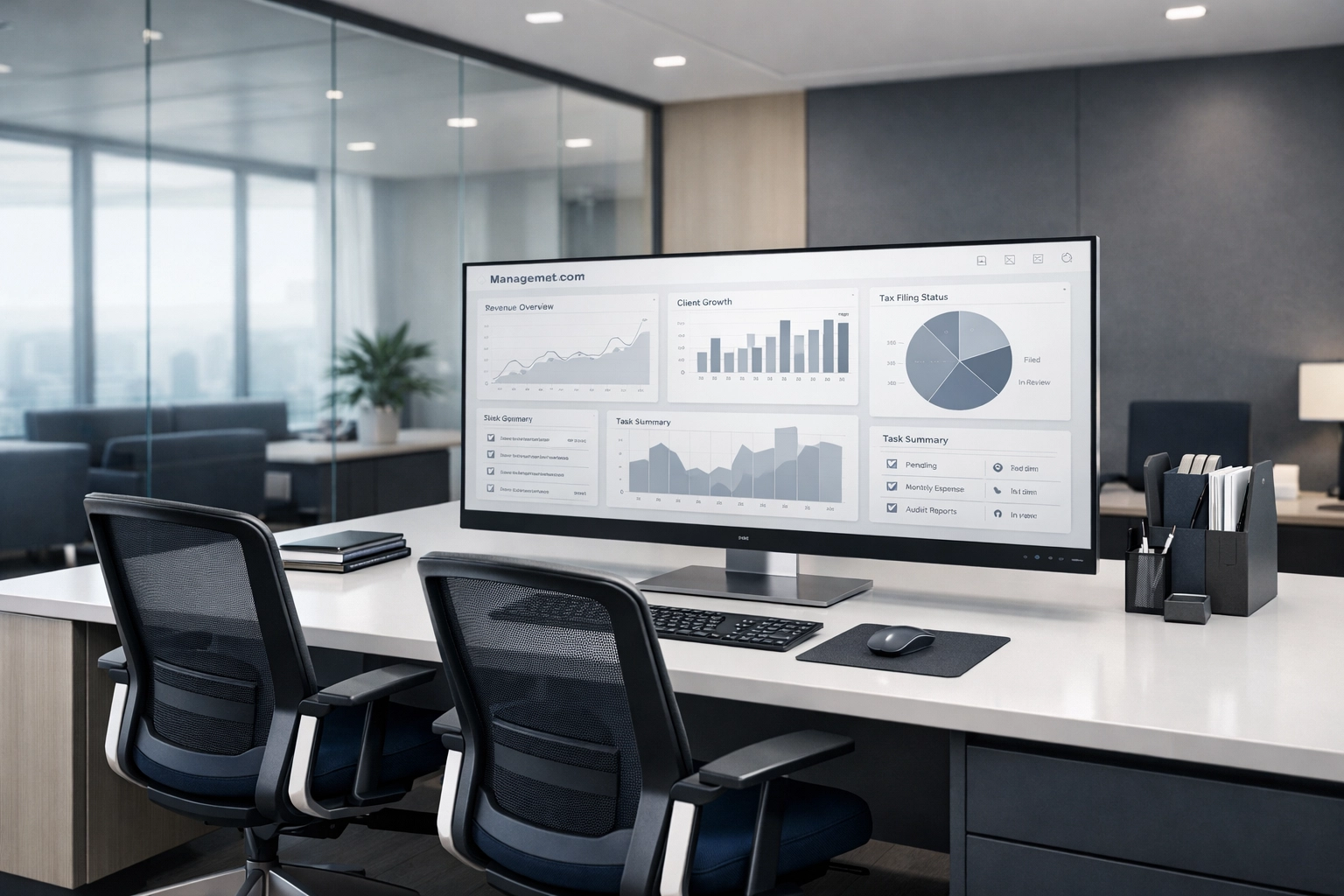 Modern tax office workspace with a dashboard for digital asset practice management.