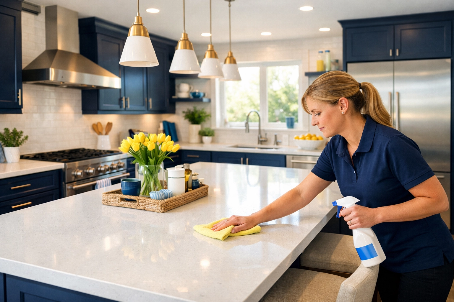 Professional cleaner polishing a modern kitchen island for house cleaning Ashburnham MA.