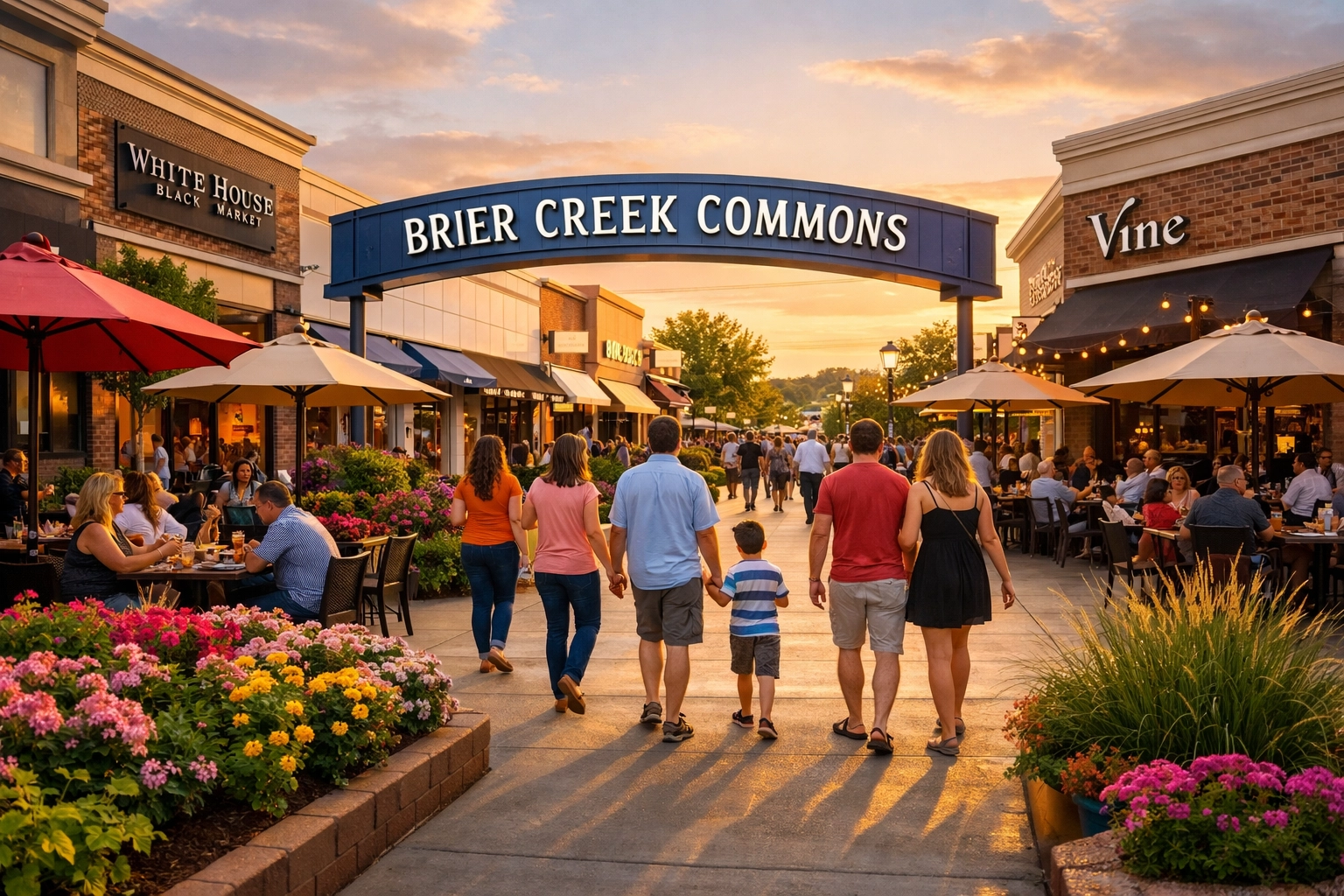Brier Creek Commons outdoor shopping area with dining patios and pedestrian walkways