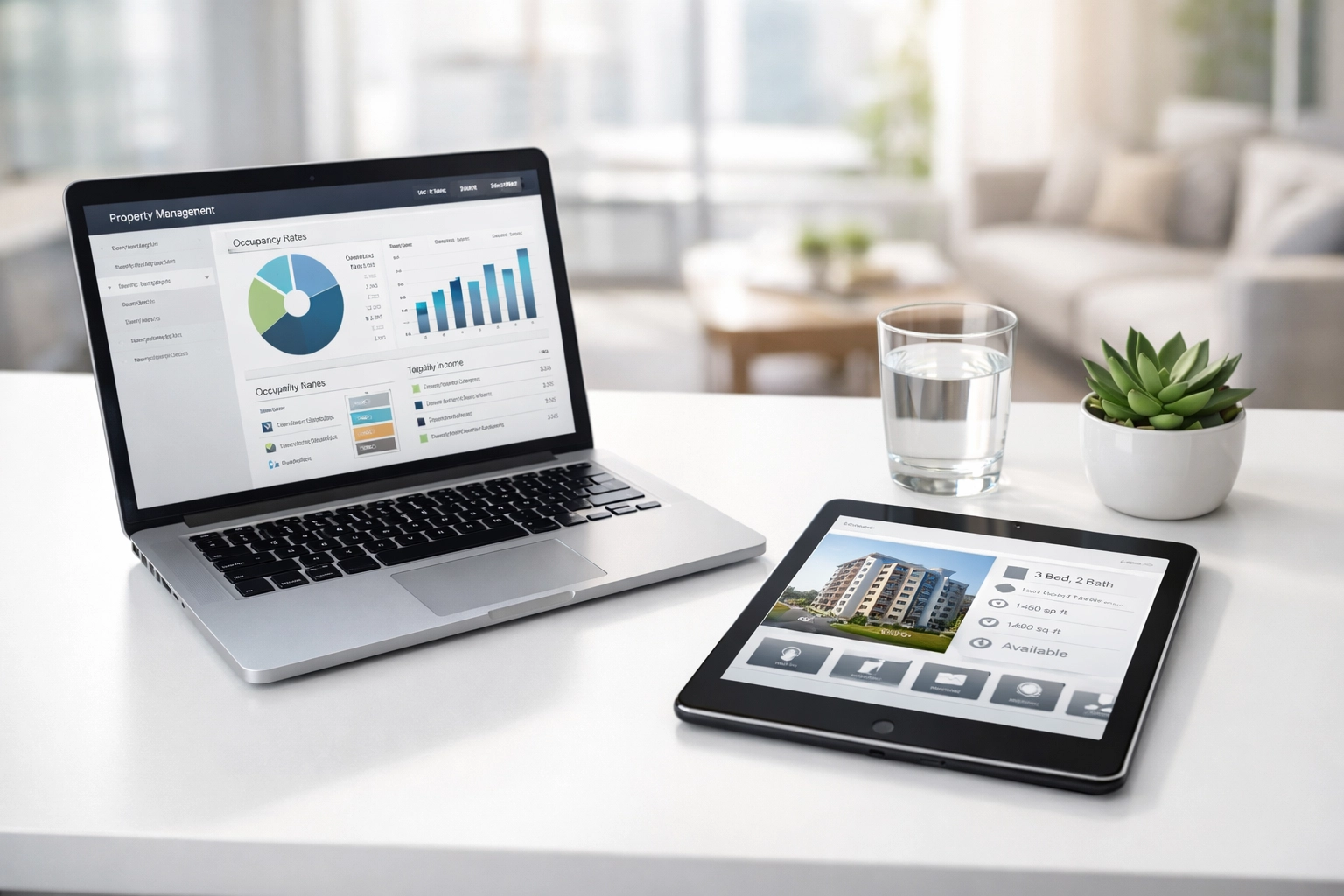 Modern property manager workspace with a tablet tracking digital make-ready boards for apartment turnovers.