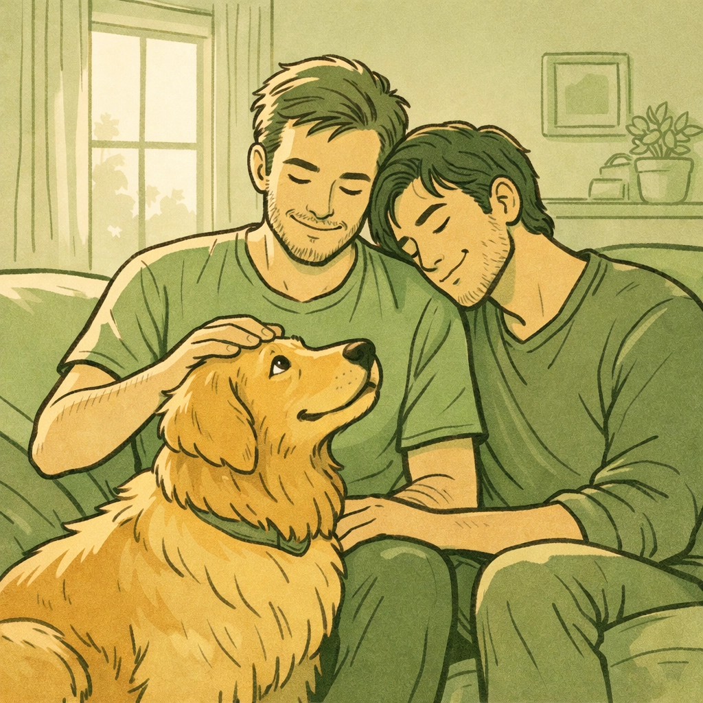 Gay couple experiencing mental health support through pet companionship with golden retriever at home