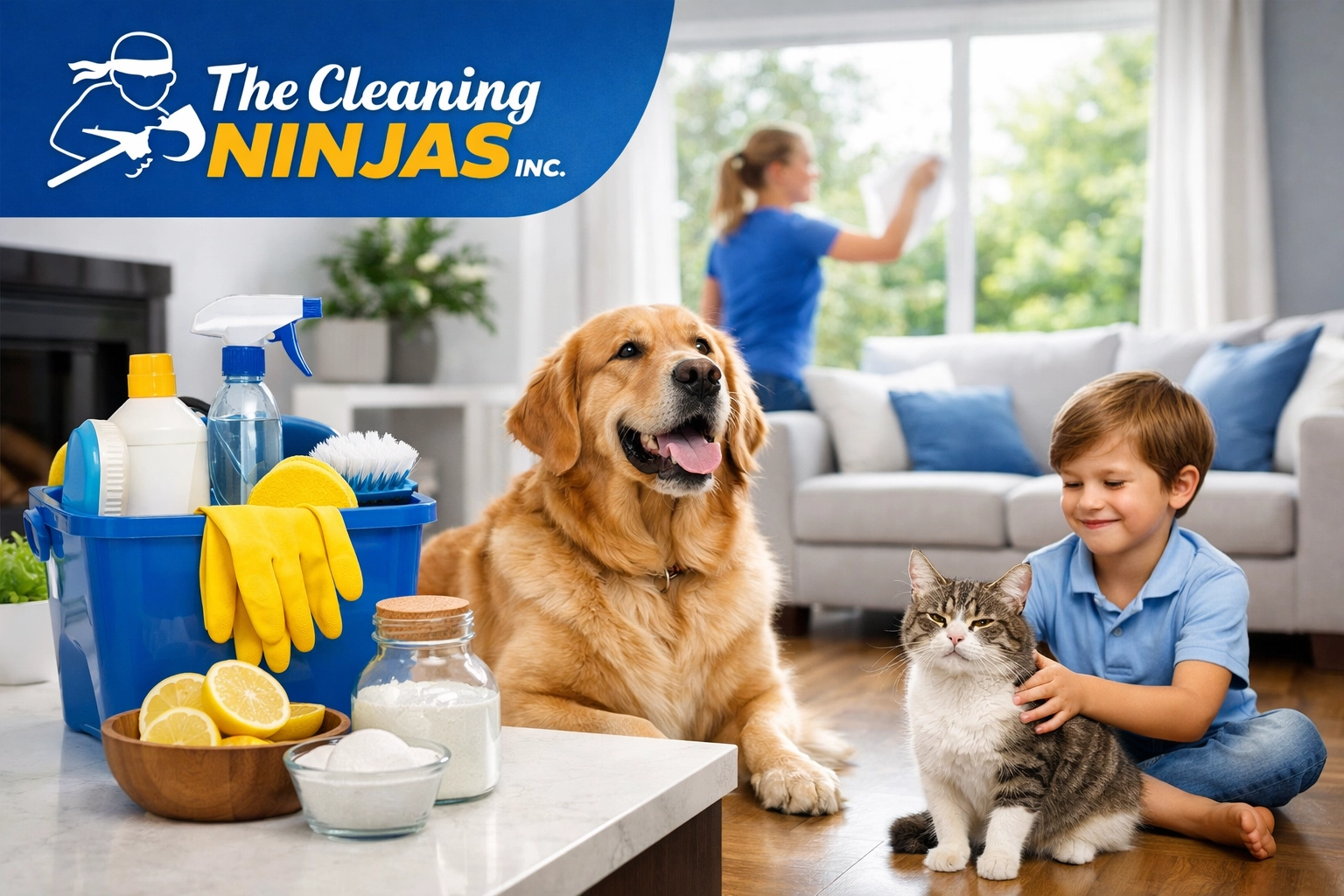 Eco-friendly house cleaning Natick MA featuring non-toxic supplies on a wooden table.