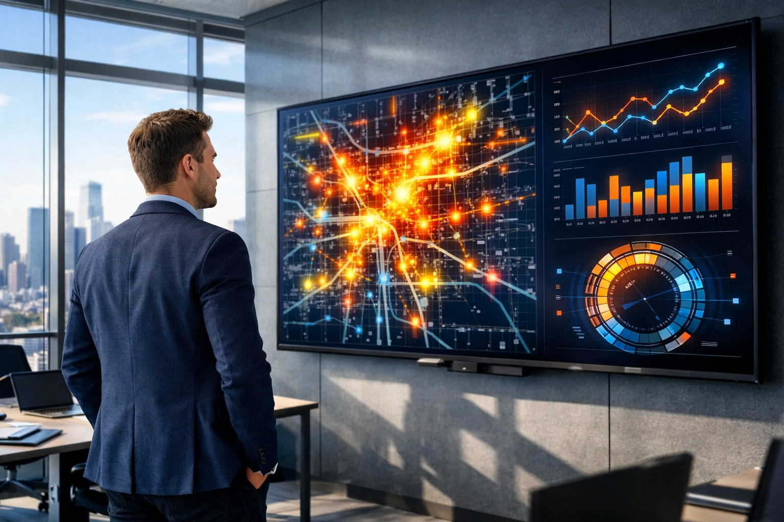 A marketing expert analyzing data-driven OOH advertising analytics and audience traffic patterns on a screen.