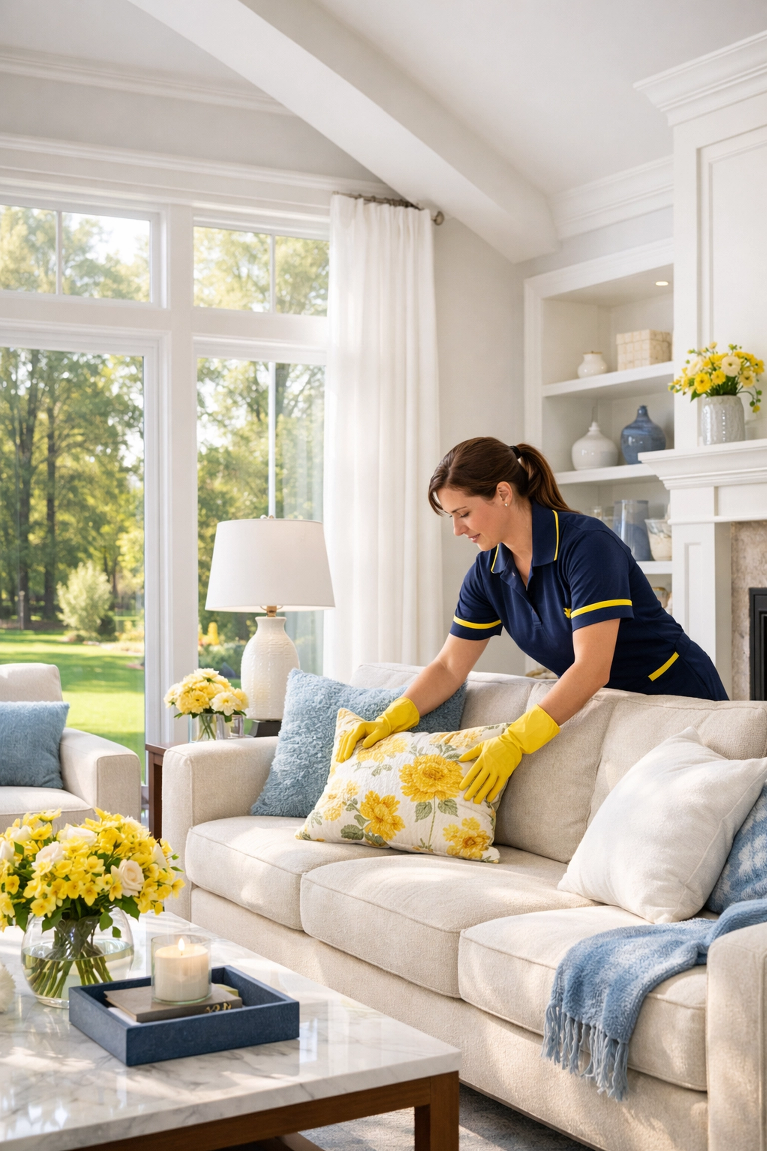 Professional cleaner providing expert house cleaning in Westborough for a modern living room.