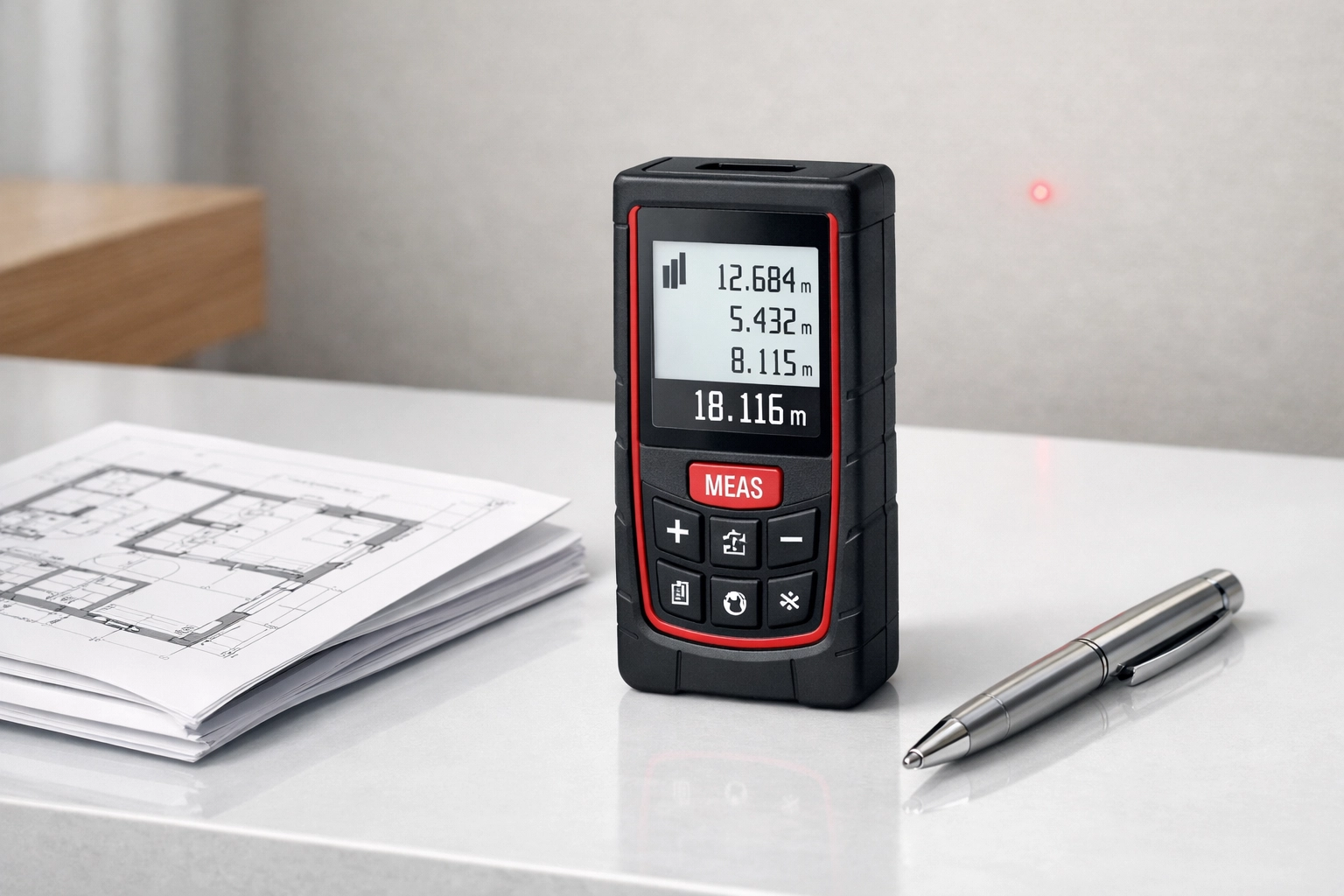 Using a laser distance measurer to calculate exact square footage for home office tax claims.