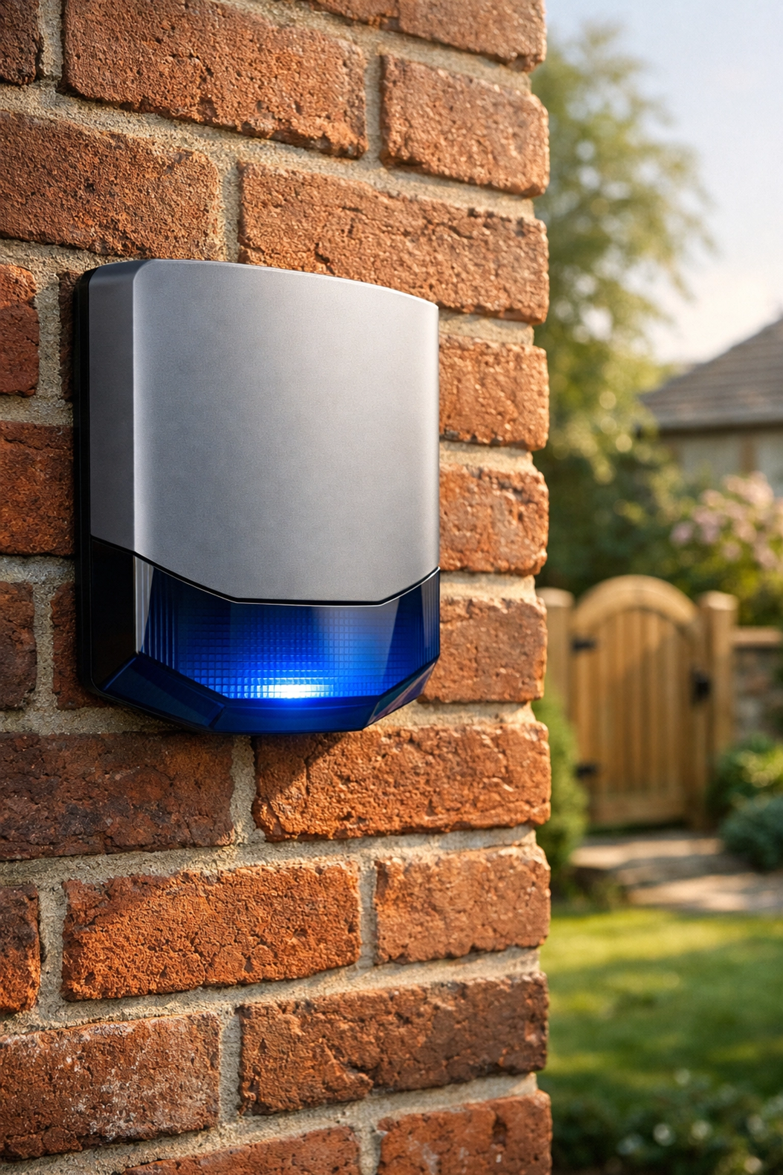 A modern external alarm siren box installed on a red-brick house in Cheltenham for home security.