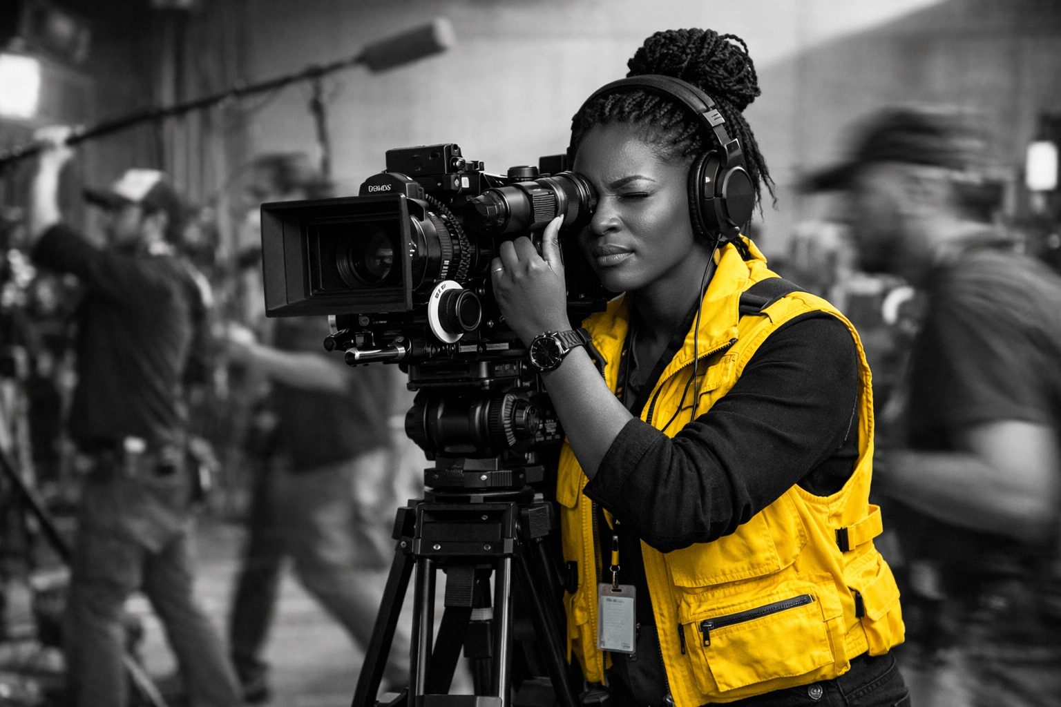 Black woman director on an indie film set, showing authentic leadership as an artist entrepreneur.