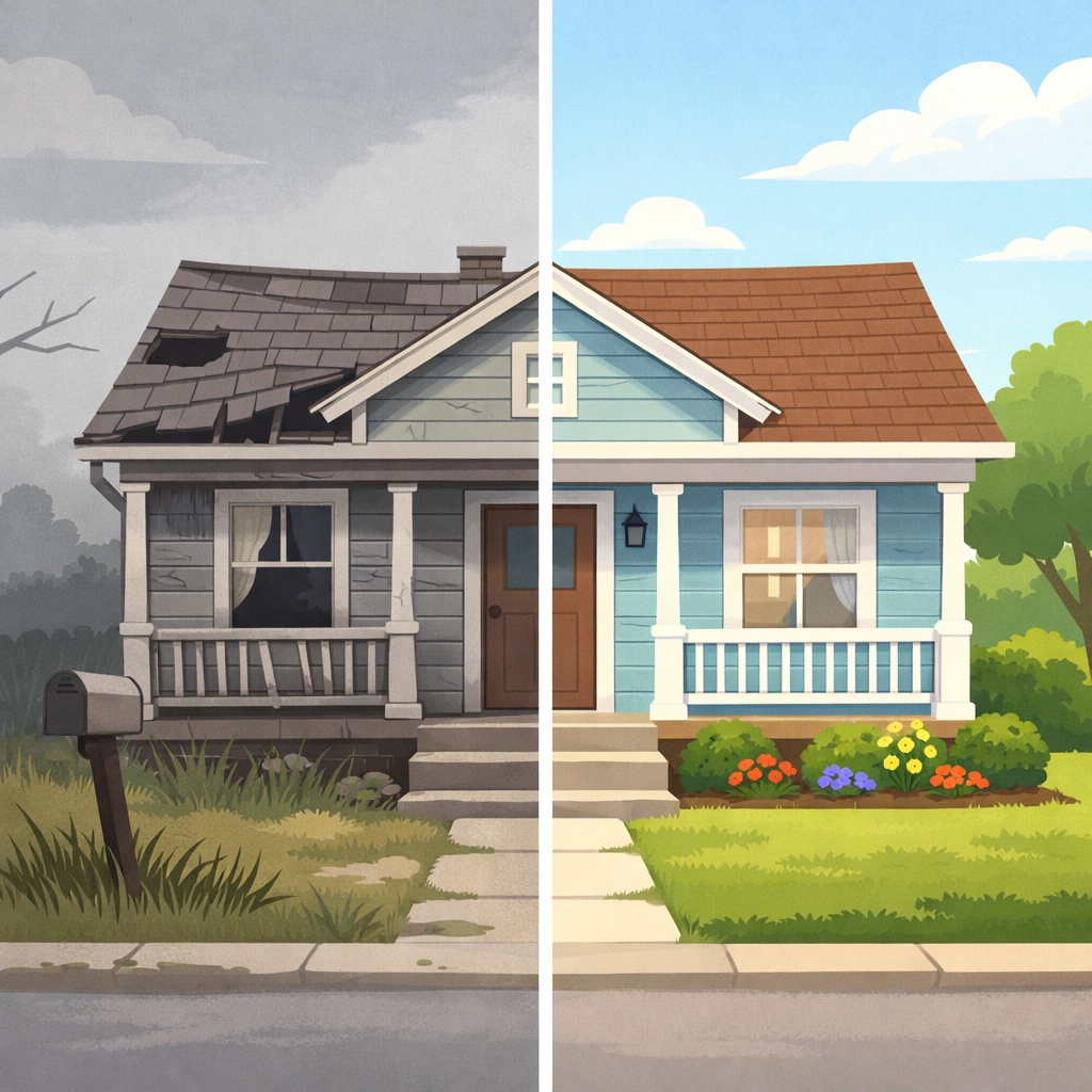 Comparison of neglected inherited house versus well-maintained property showing repair needs