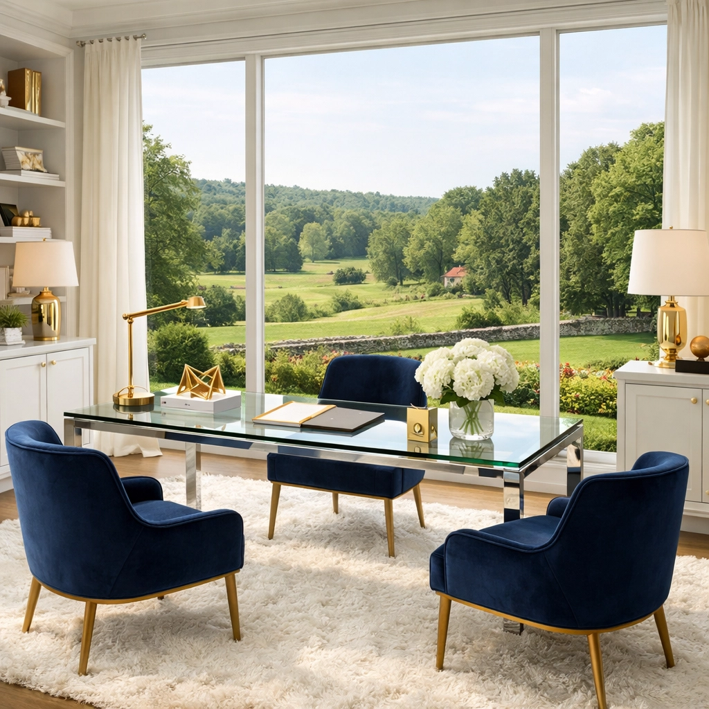 Organized luxury home office in Weston with scenic views near Case Estates, kept tidy by expert cleaners.