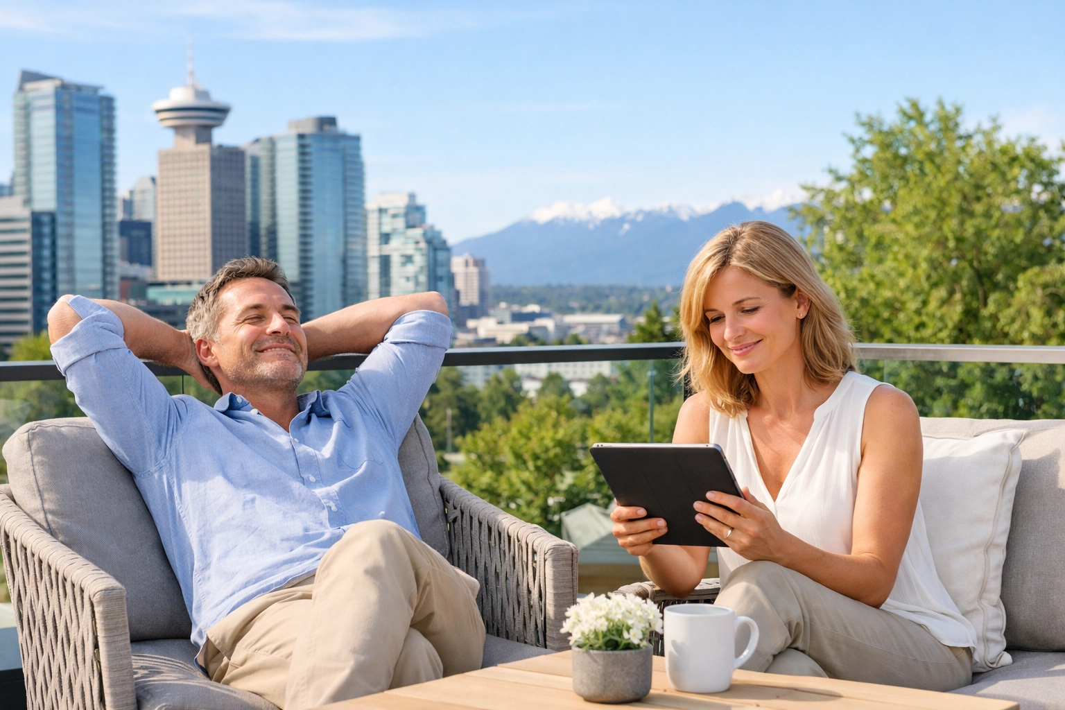 Homeowners enjoying passive income from professional Airbnb management on a modern Vancouver terrace.