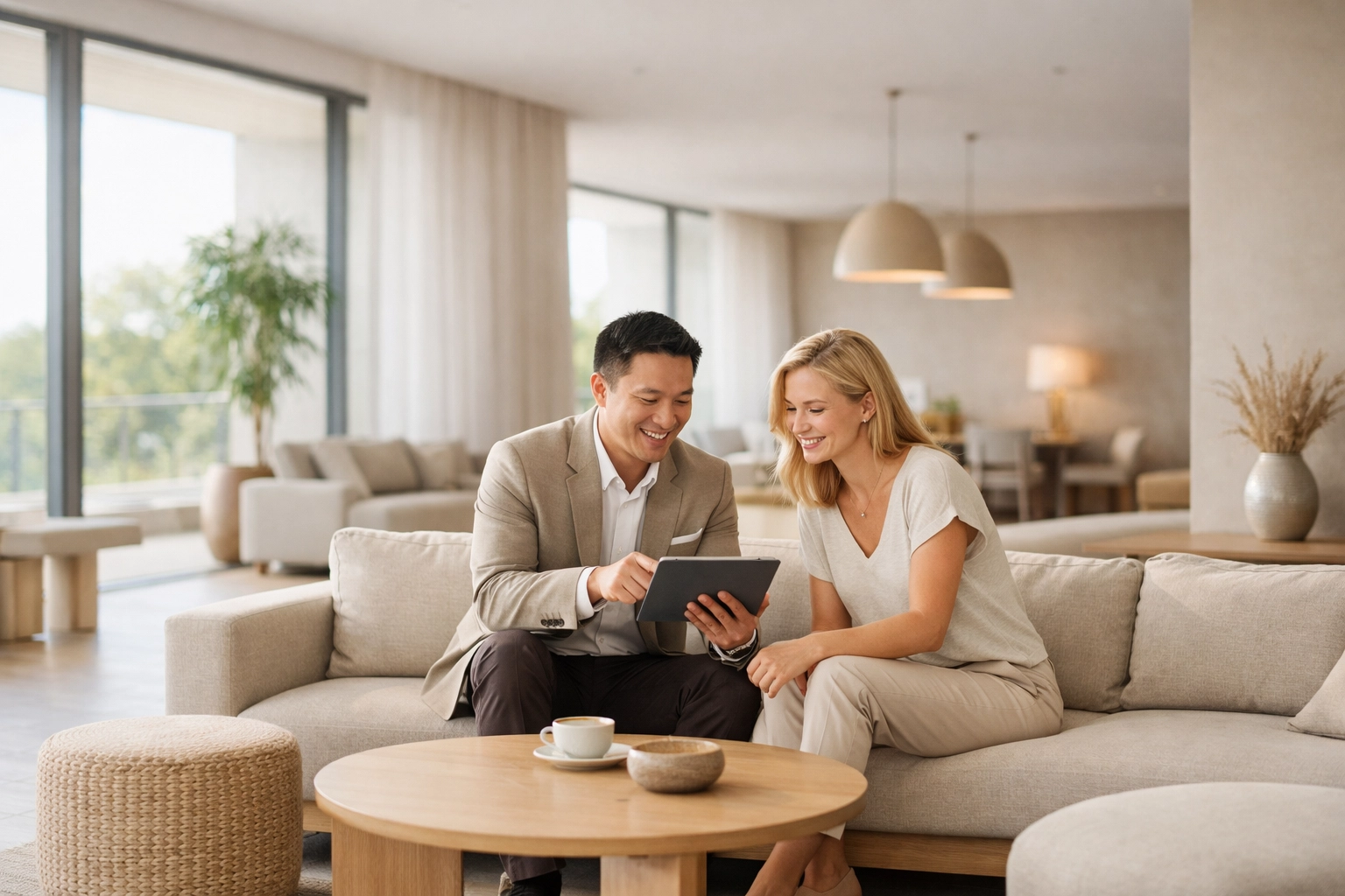 Hotel staff using a mobile tablet to assist a guest in a lounge, showcasing cloud-based flexibility.