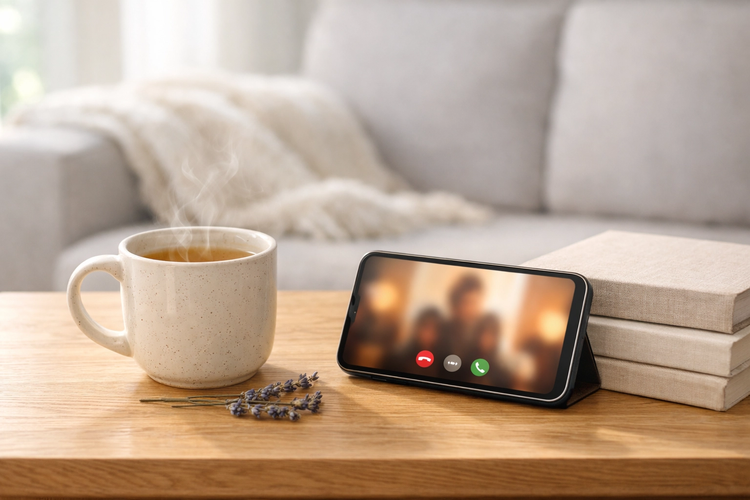 A smartphone on a coffee table next to tea, representing a virtual postpartum doula video consultation.