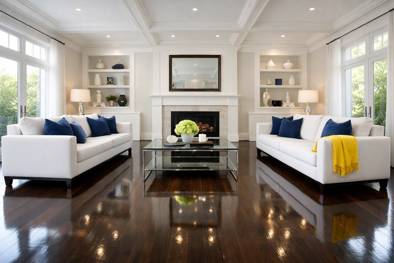 Sun-drenched, flawlessly clean living room showcasing the results of a reliable deep cleaning Natick MA service.