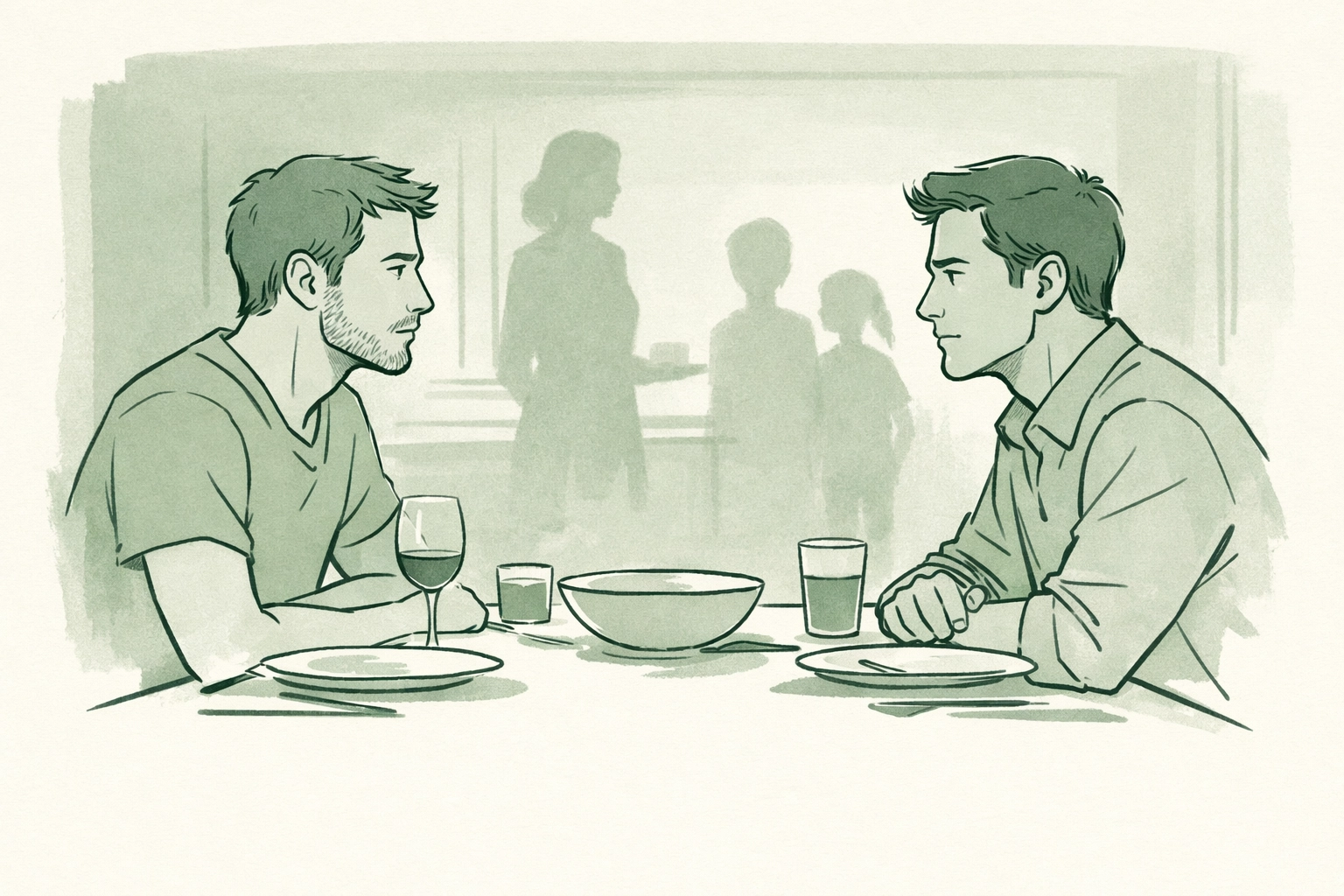 Two men facing each other at family dinner table in blended LGBTQ+ household with tension