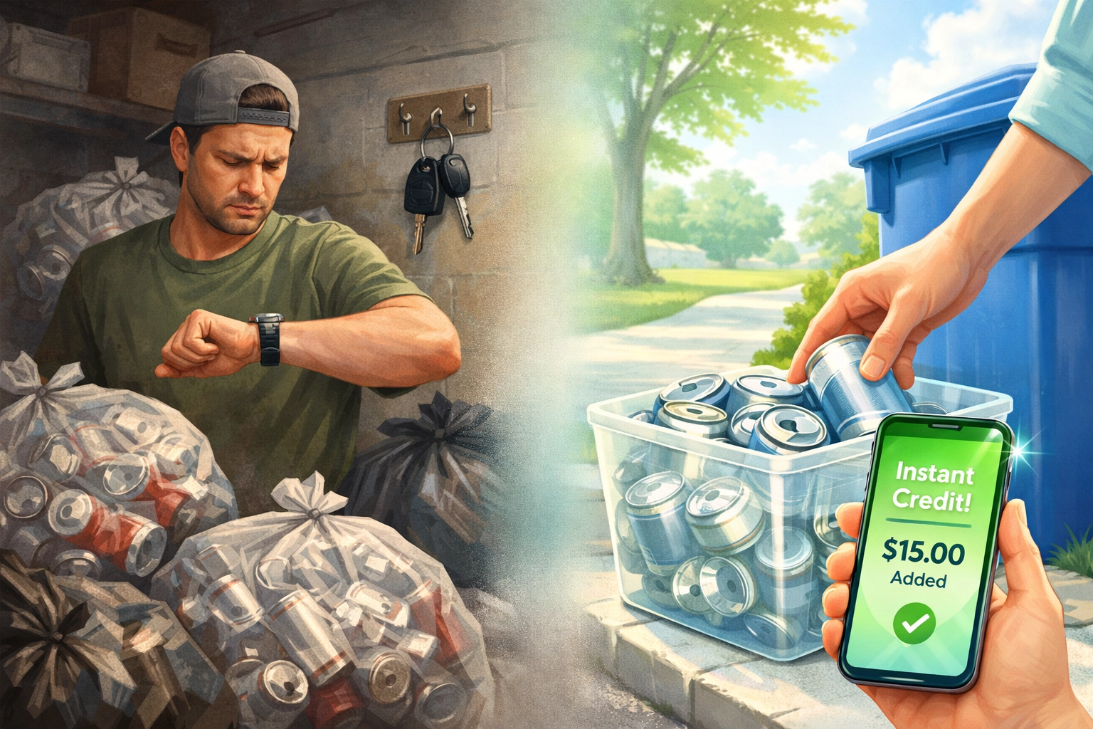 Comparison of cluttered garage with cans versus easy curbside can recycling pickup service