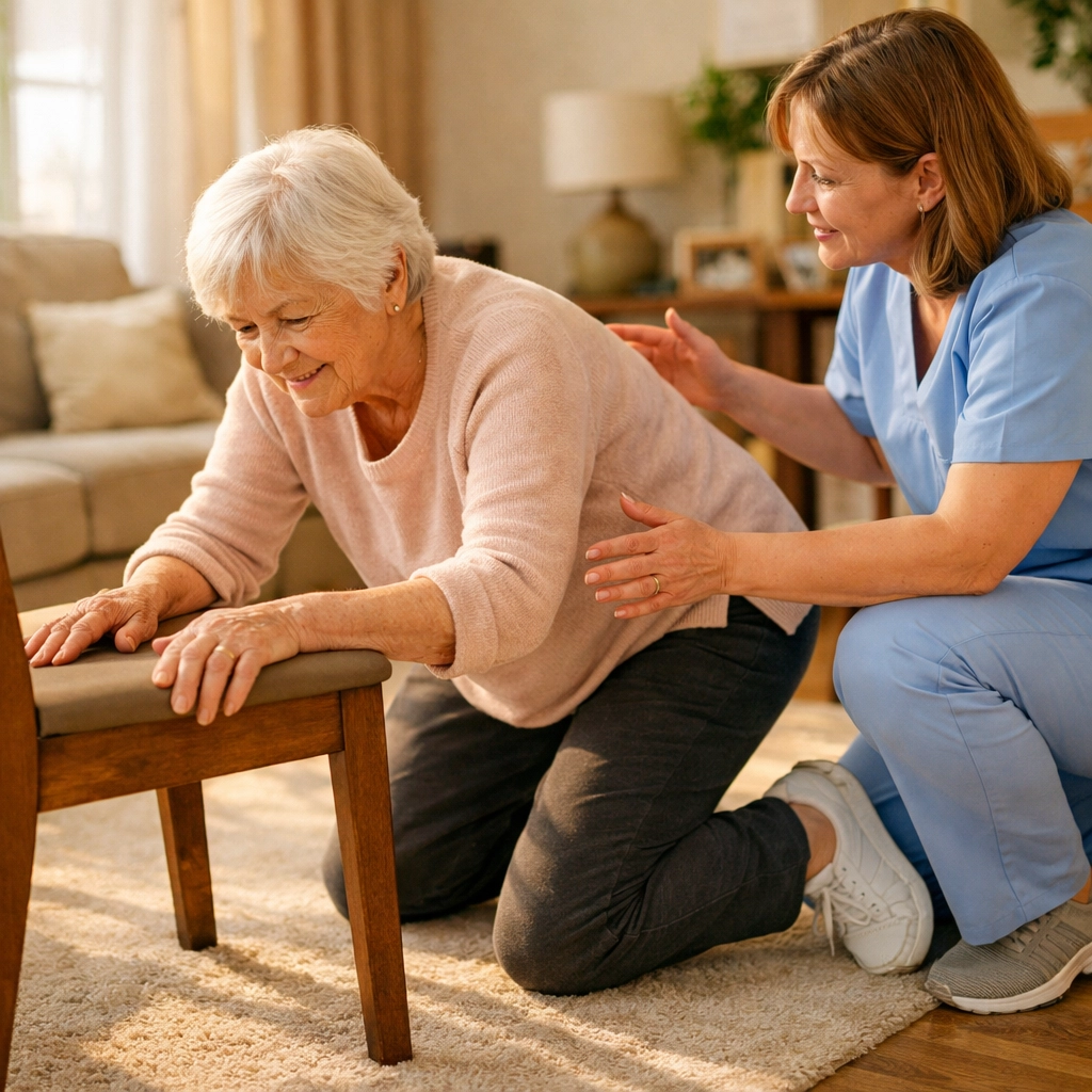 Elderly person in half-kneeling position gripping chair with caregiver support during fall recovery