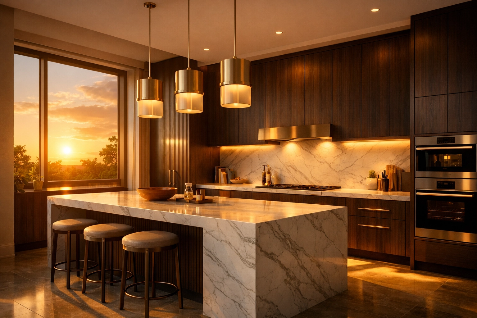 Luxury kitchen design with warm cinematic sunset lighting and a marble island.