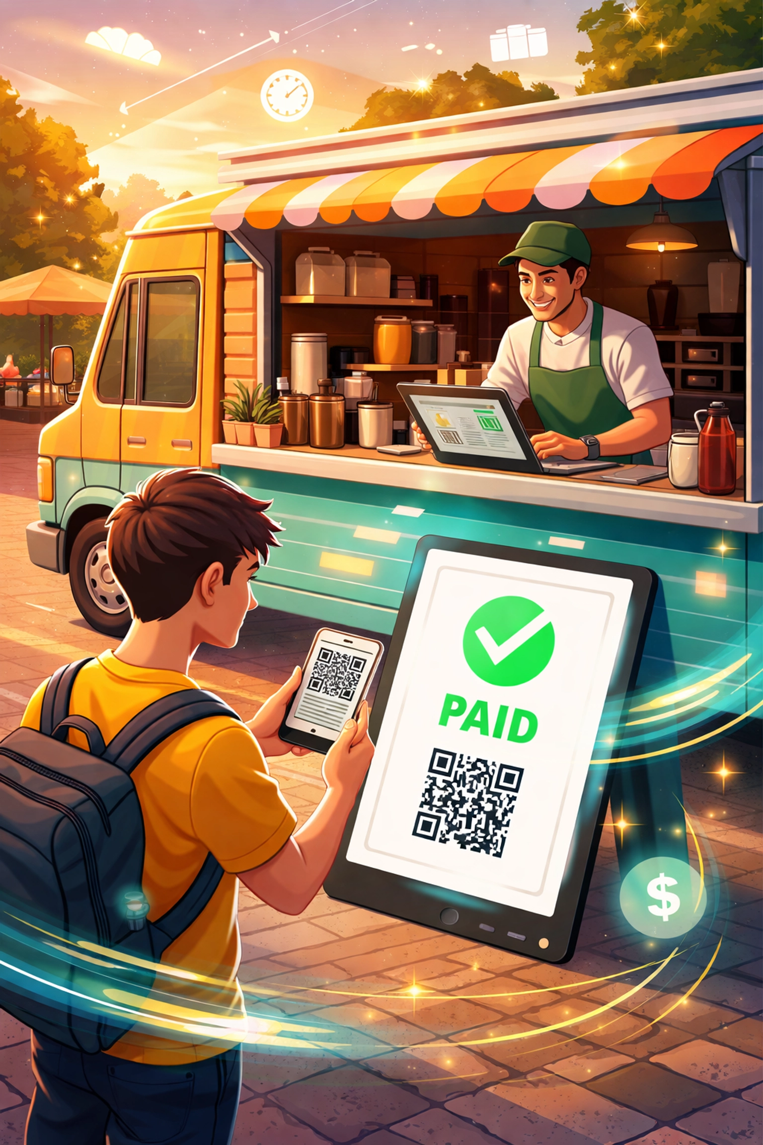 Customer pays via QR code at a food truck, showing Larecoin's instant crypto POS for small businesses.