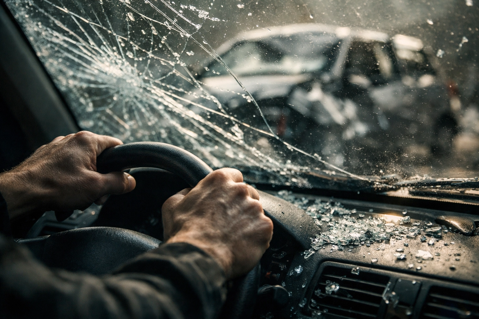Driver's view through cracked windshield after car accident showing vehicle damage