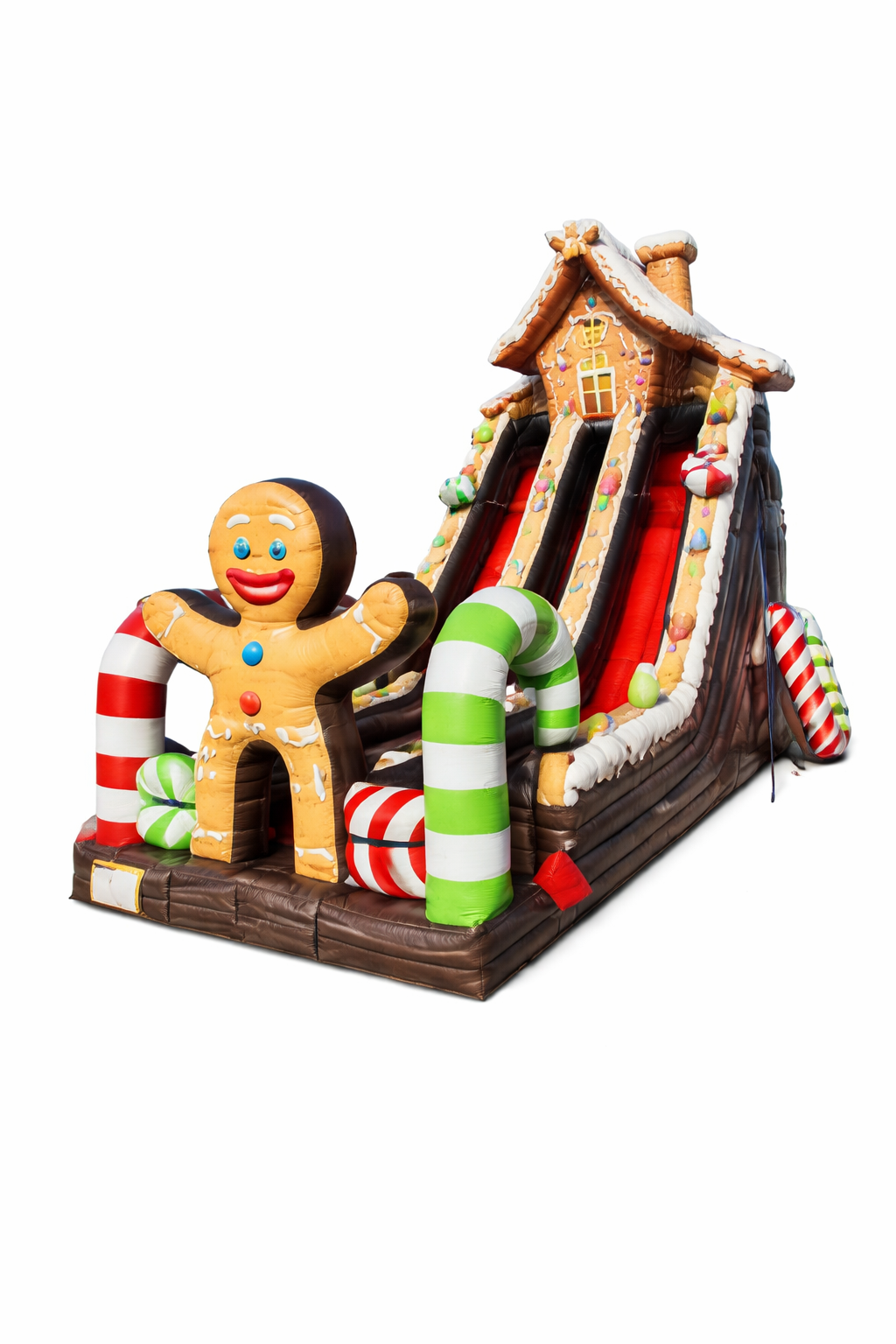 A festive large inflatable slide designed as a gingerbread house