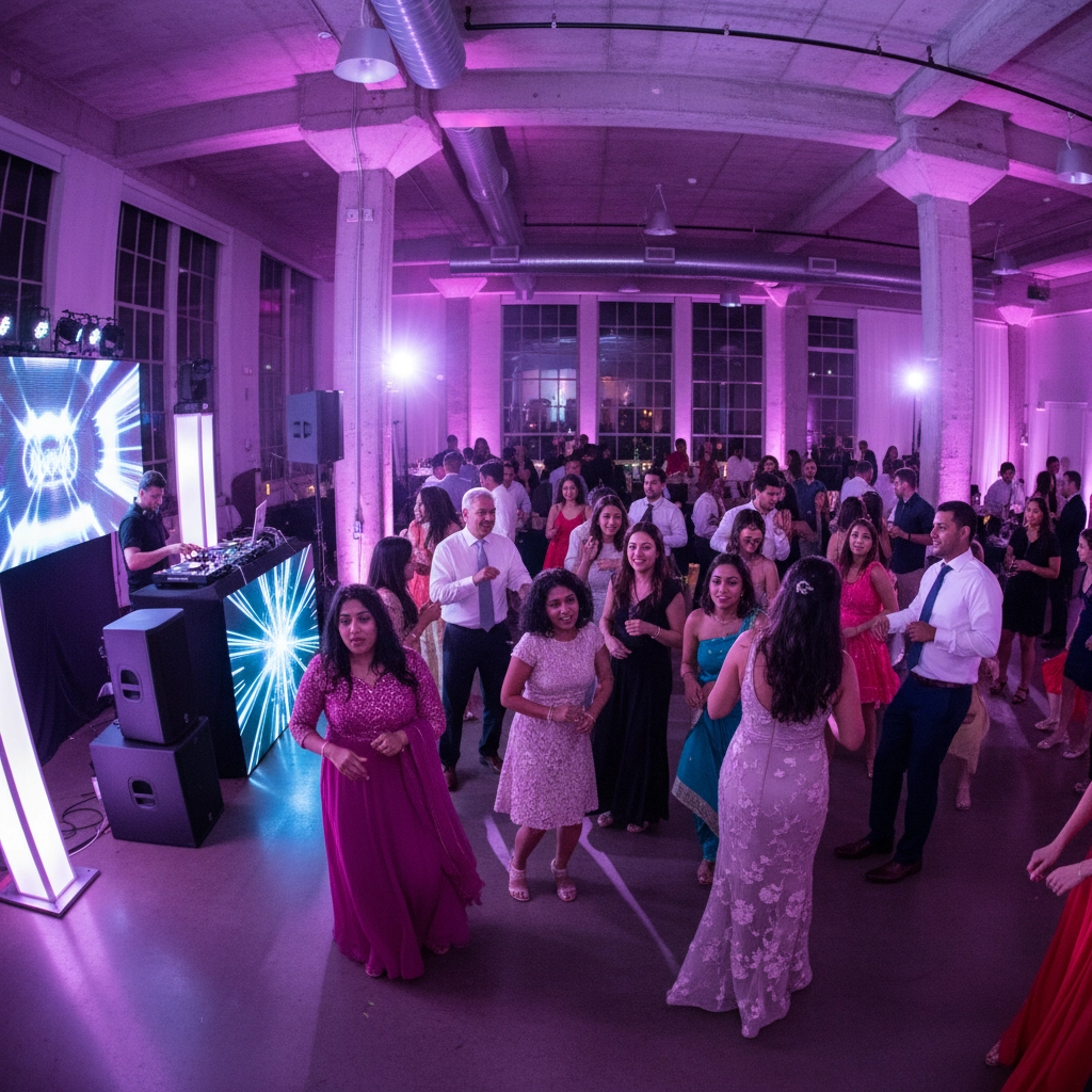 People dancing at a lively indoor party with pink and purple lighting. A DJ is playing music on the left. Guests wear colorful outfits.