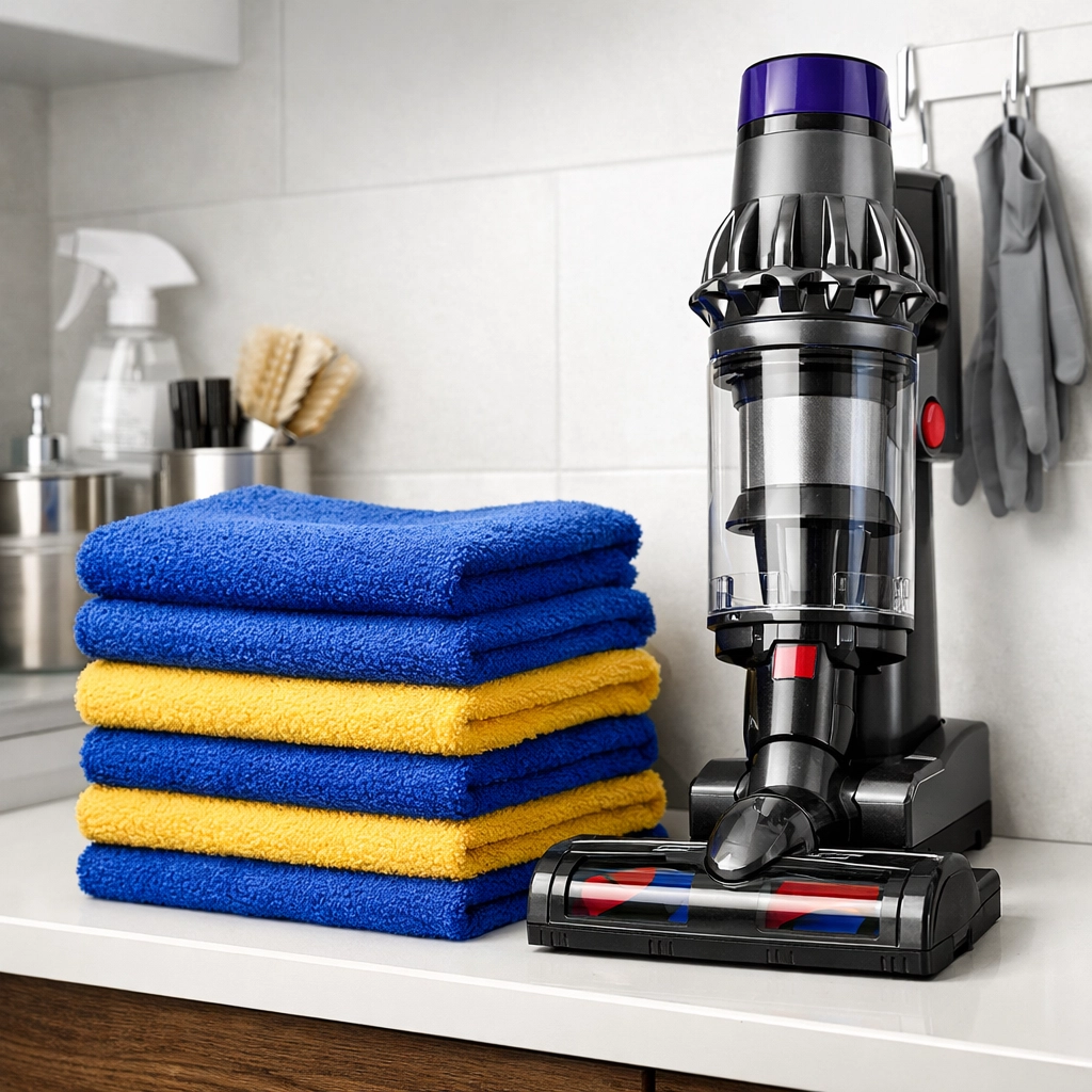 Clean microfiber cloths and a vacuum for expert house cleaning Pepperell MA in an organized utility room.