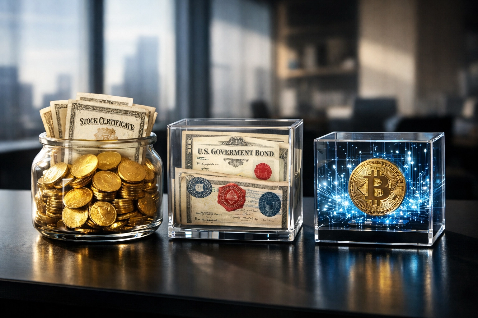 Three-part asset allocation displaying traditional investments, bonds, and Bitcoin holdings