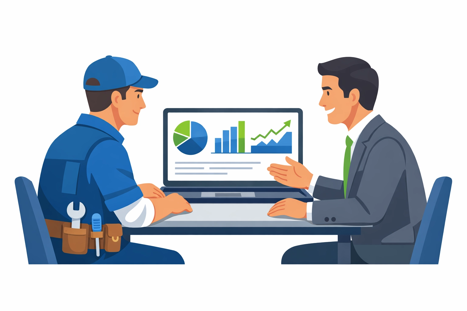 Trade business owner collaborating with financial advisor using shared financial data and reports