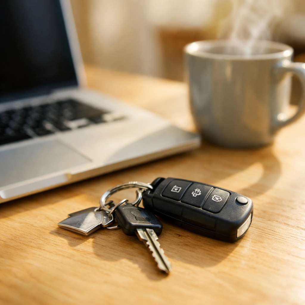 Clés de voiture et ordinateur portable illustrant un prêt d'urgence rapide pour réparations imprévues.