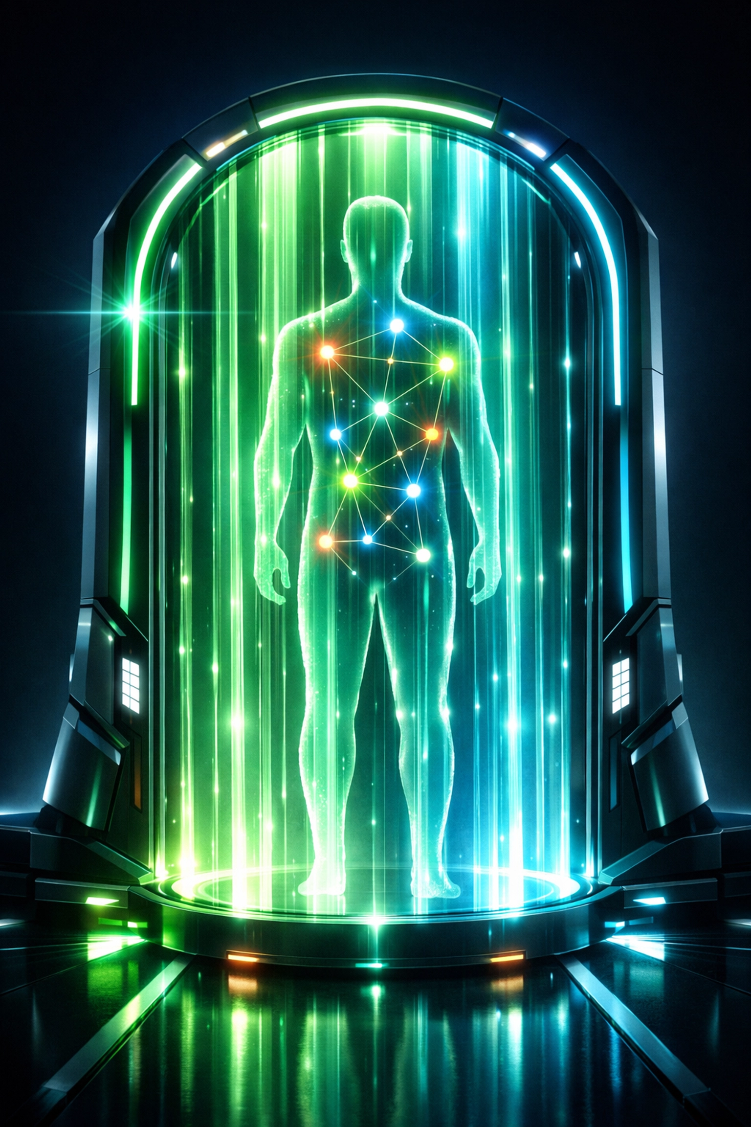 Digital candidate silhouette with glowing skill nodes being screened by an intelligent AI assessment system.