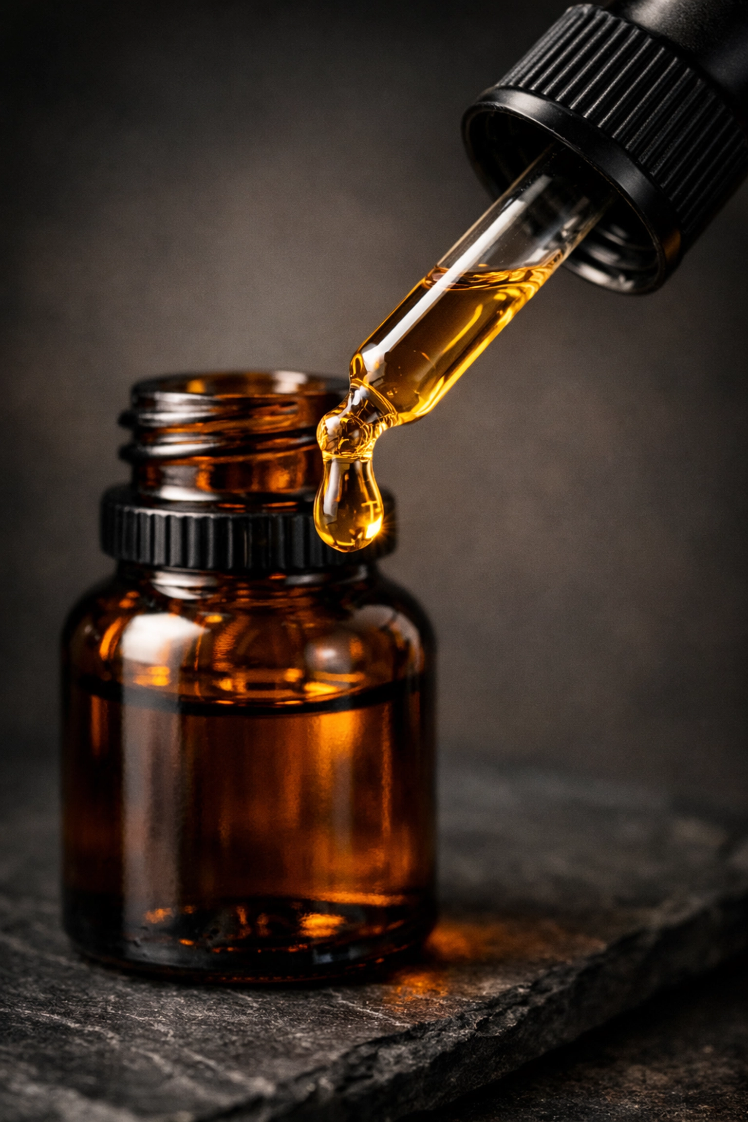 Macro shot of luxury beard oil in an amber bottle showing a single golden drop of parfum extrait.