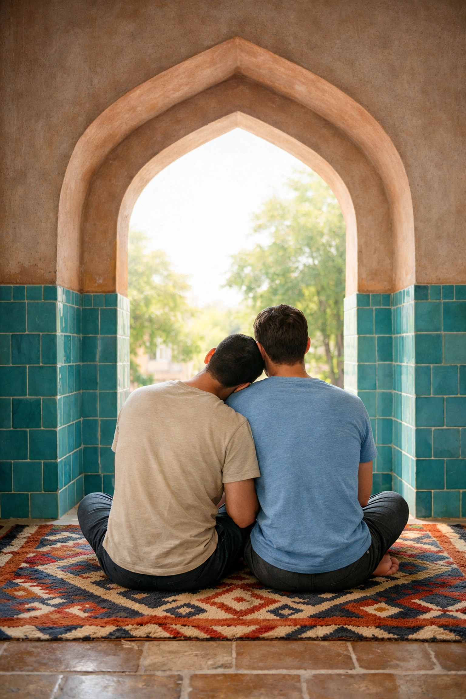 A gay couple finding refuge in a spiritual sanctuary, reflecting the deep emotions of MM romance novels.