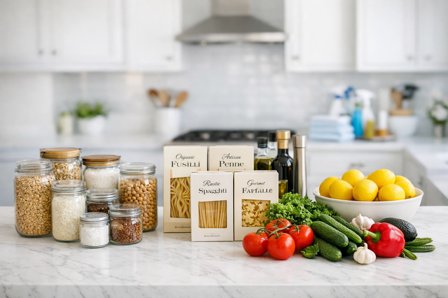 Sorted pantry items on a kitchen island during a residential deep cleaning project.