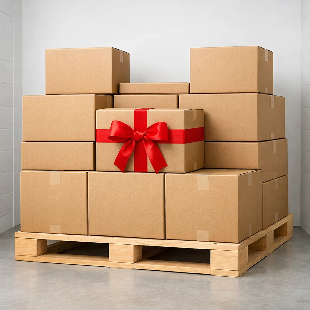 Organized retail stock boxes on a pallet in a clean Hertford storage facility.