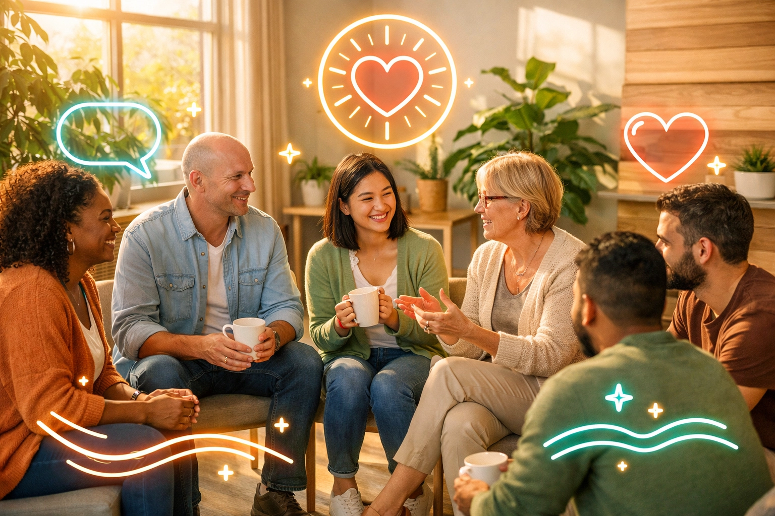 Diverse support group in therapy session discussing healing and mental health recovery