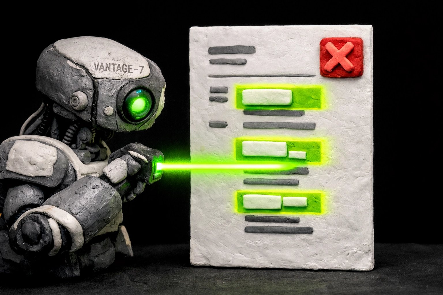 Tactile claymation: VANTAGE-7 robot scanning a single-column resume with a neon green parsing beam (KINETK colors).