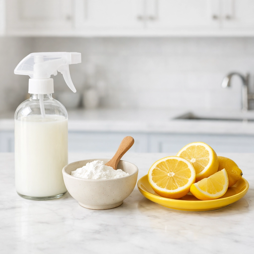 Natural ingredients for eco-friendly window cleaner with cornstarch, lemon, and vinegar.