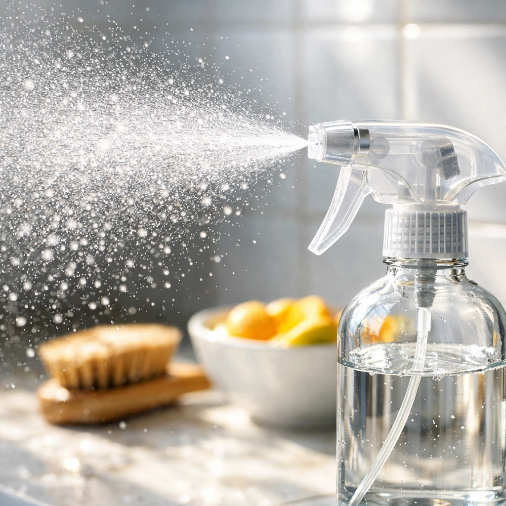 A glass spray bottle misting a DIY natural cleaning solution in a bright, clean kitchen.