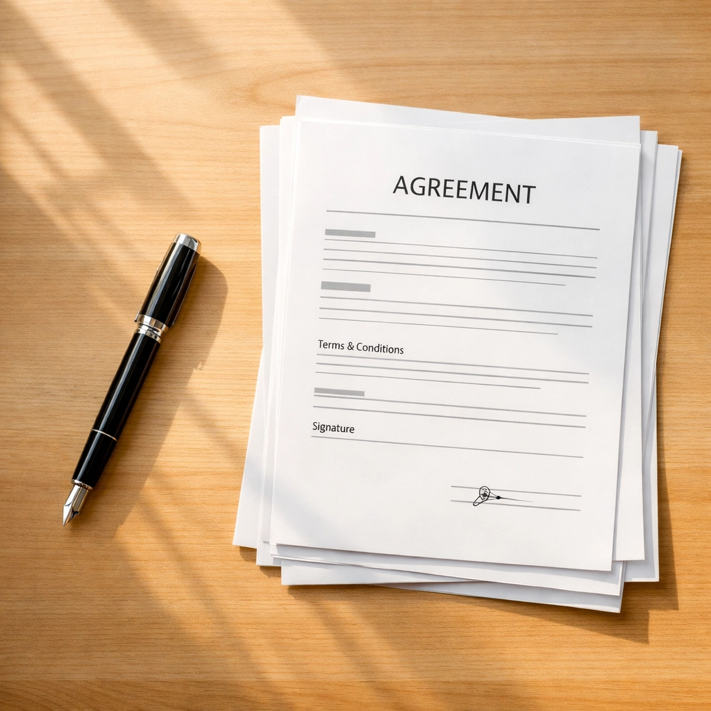 Professional desk with lease documents and a pen, ensuring legal clarity under the Saskatchewan Landlord Tenant Act.