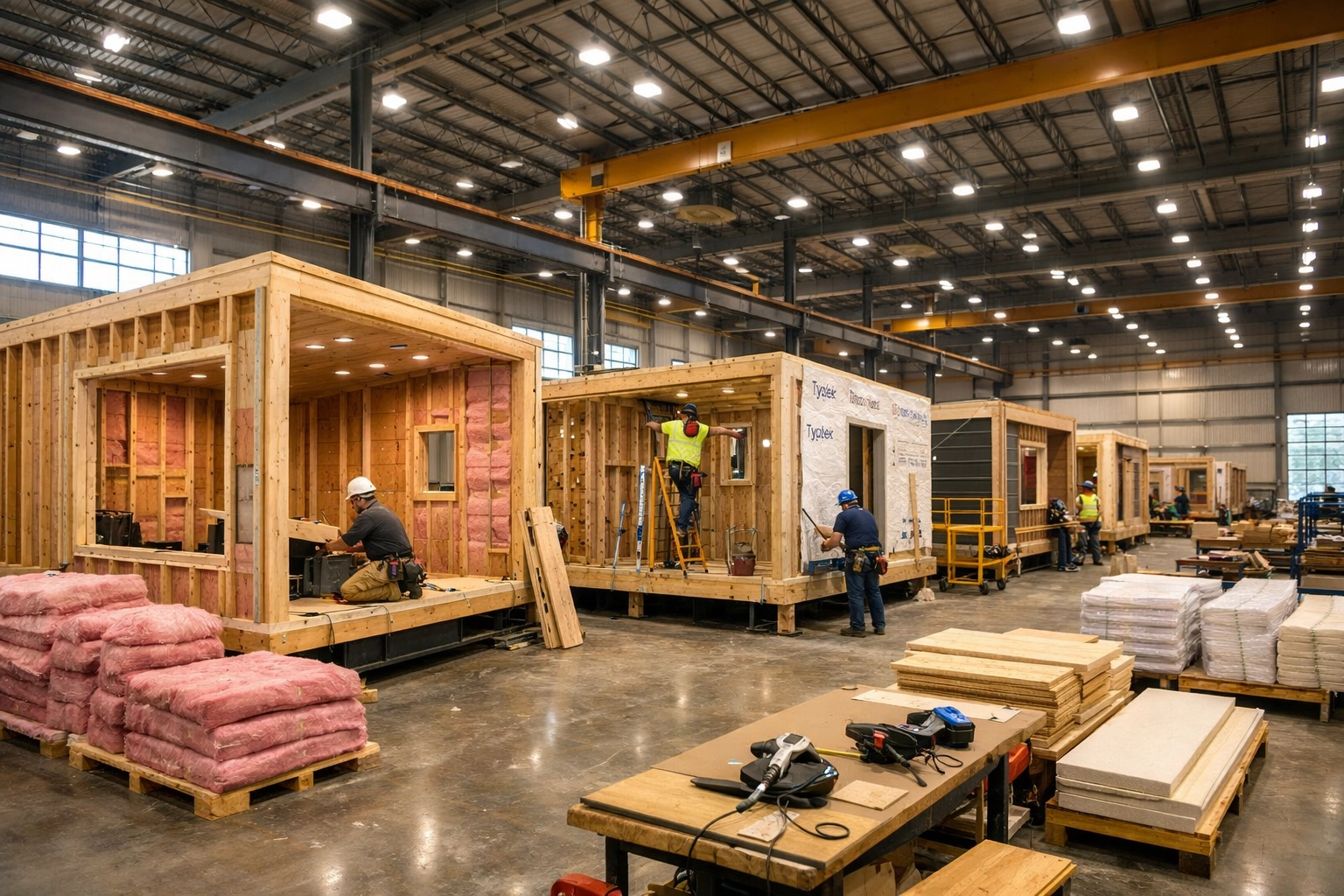 Modular home factory construction in Australia showing weatherproof assembly process