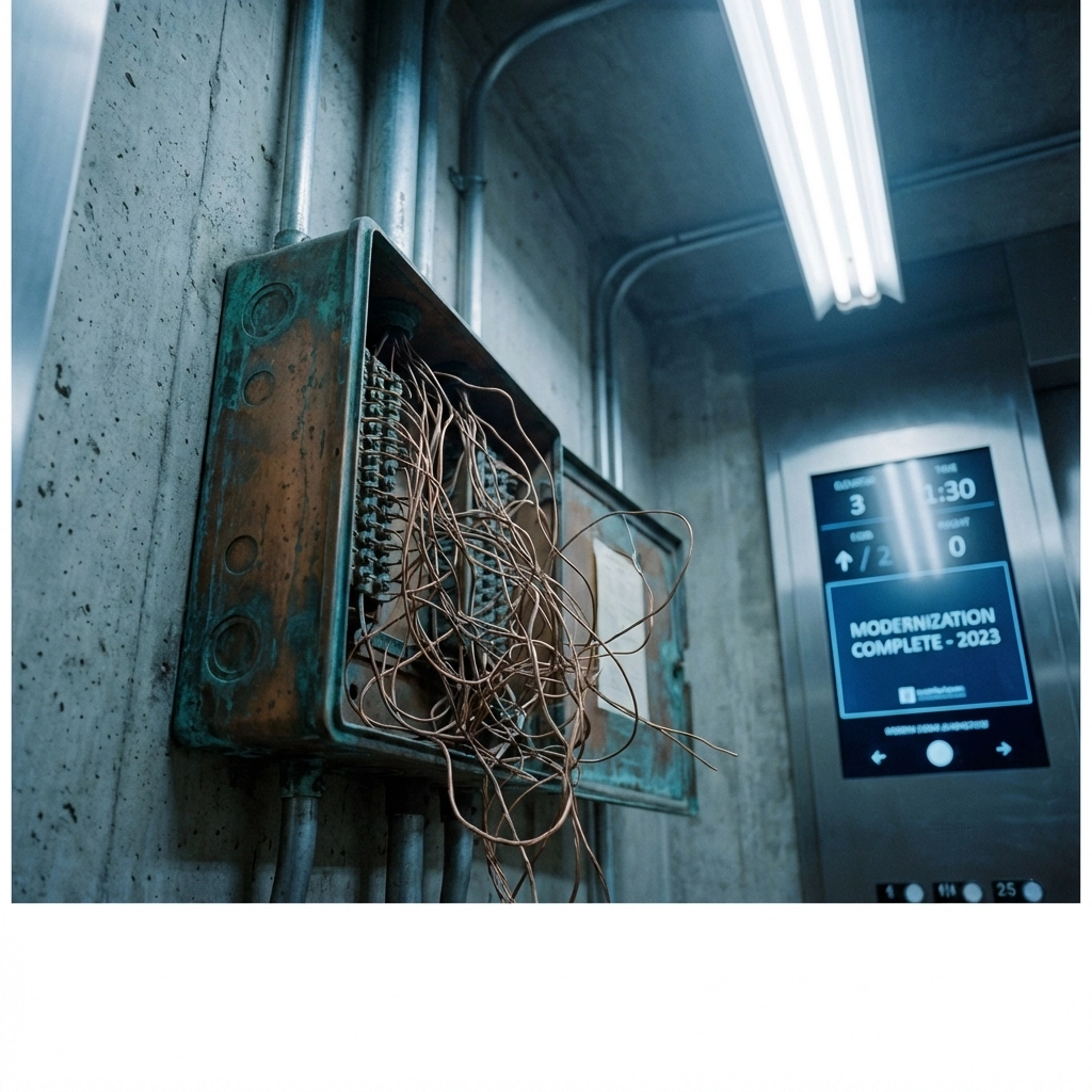 Aging copper telephone junction box in elevator control room highlighting the need to replace outdated emergency phone lines