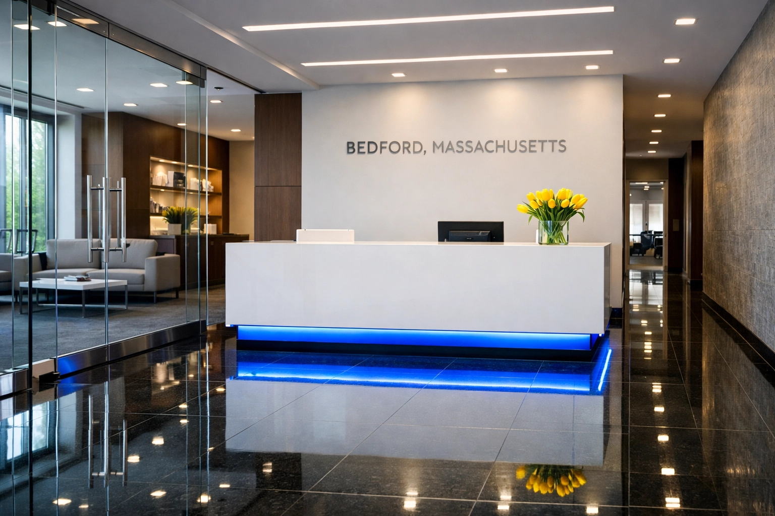 Impeccable Bedford office reception area with polished stone floors from professional commercial cleaning.