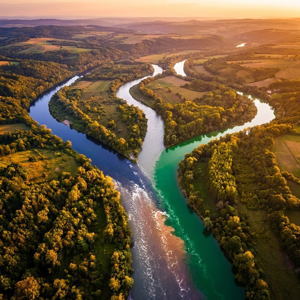 Aerial view of three rivers: representing equities, bonds, and alternatives: merging as a metaphor for portfolio diversification in wealth management.