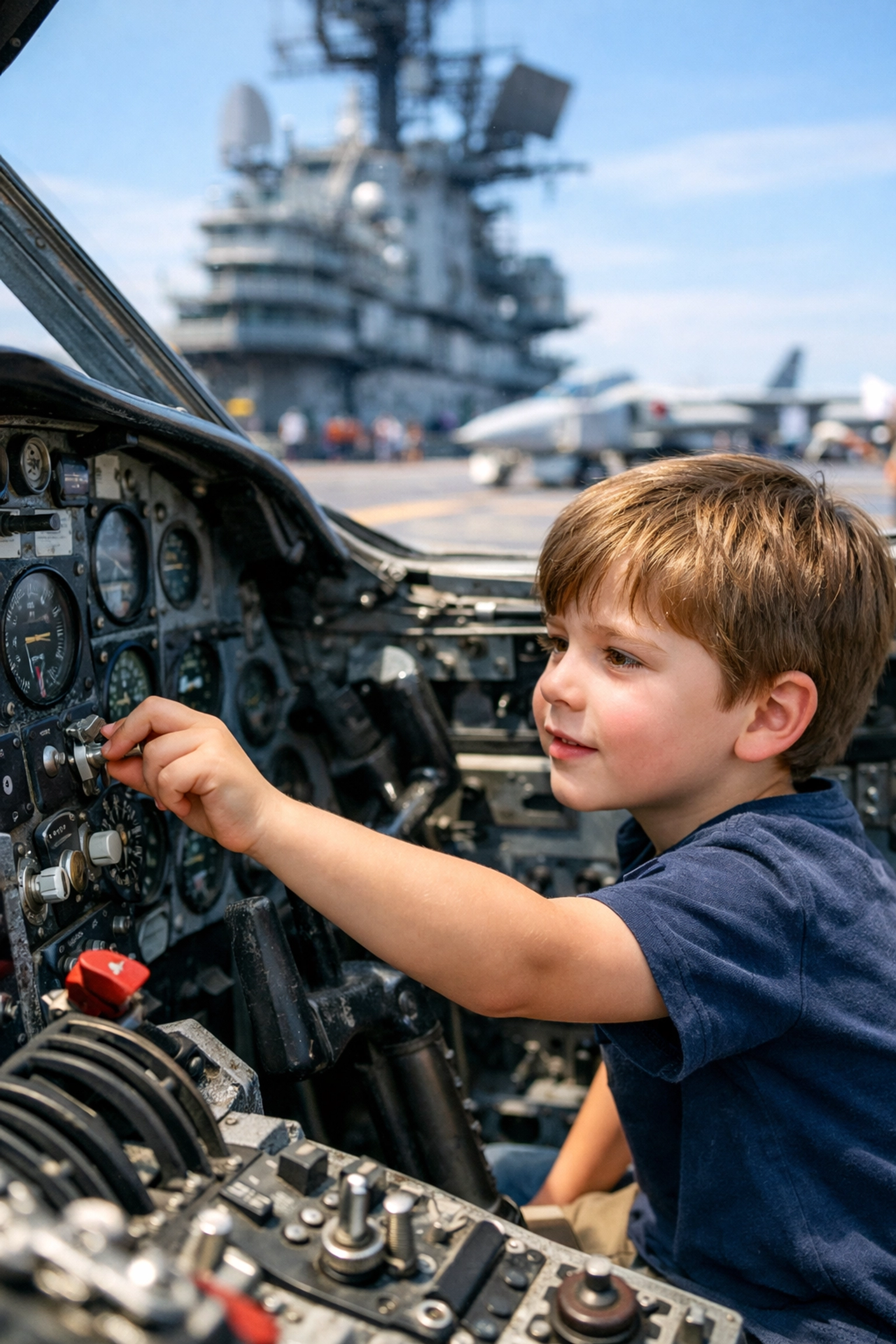 Young boy exploring an airplane cockpit at an interactive museum, a top thing to do with kids.
