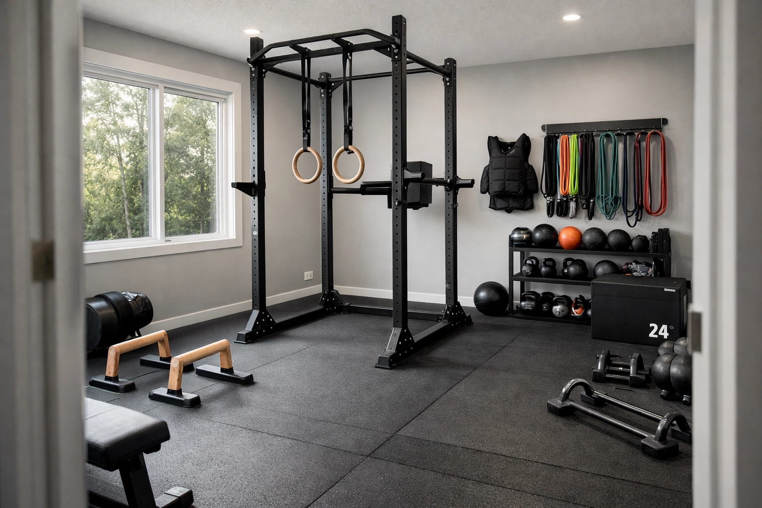Complete home calisthenics gym setup with pull-up bar, rings, and equipment