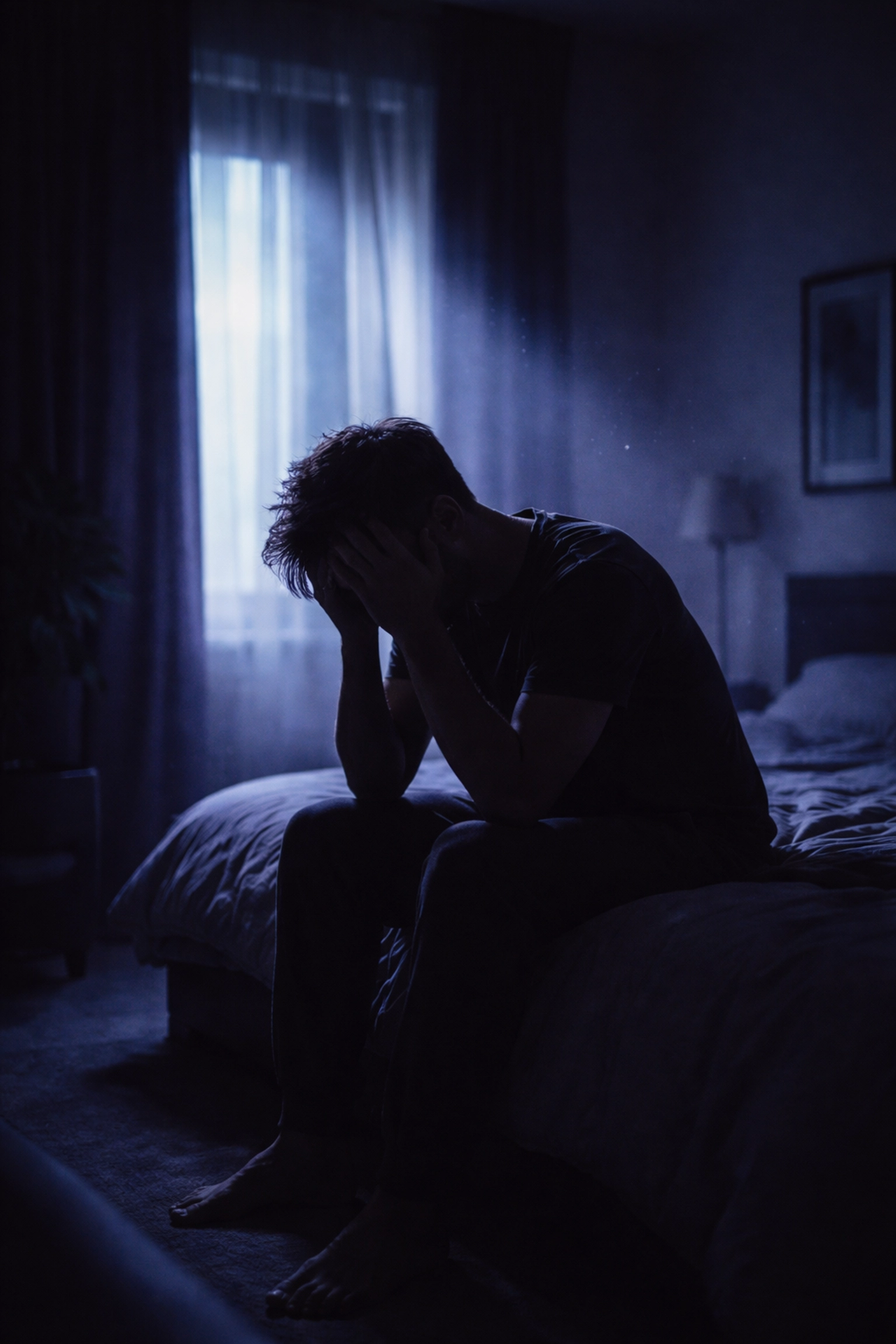 Person sitting on bed in dim room, illustrating nervous system exhaustion and overwhelm from chronic stress