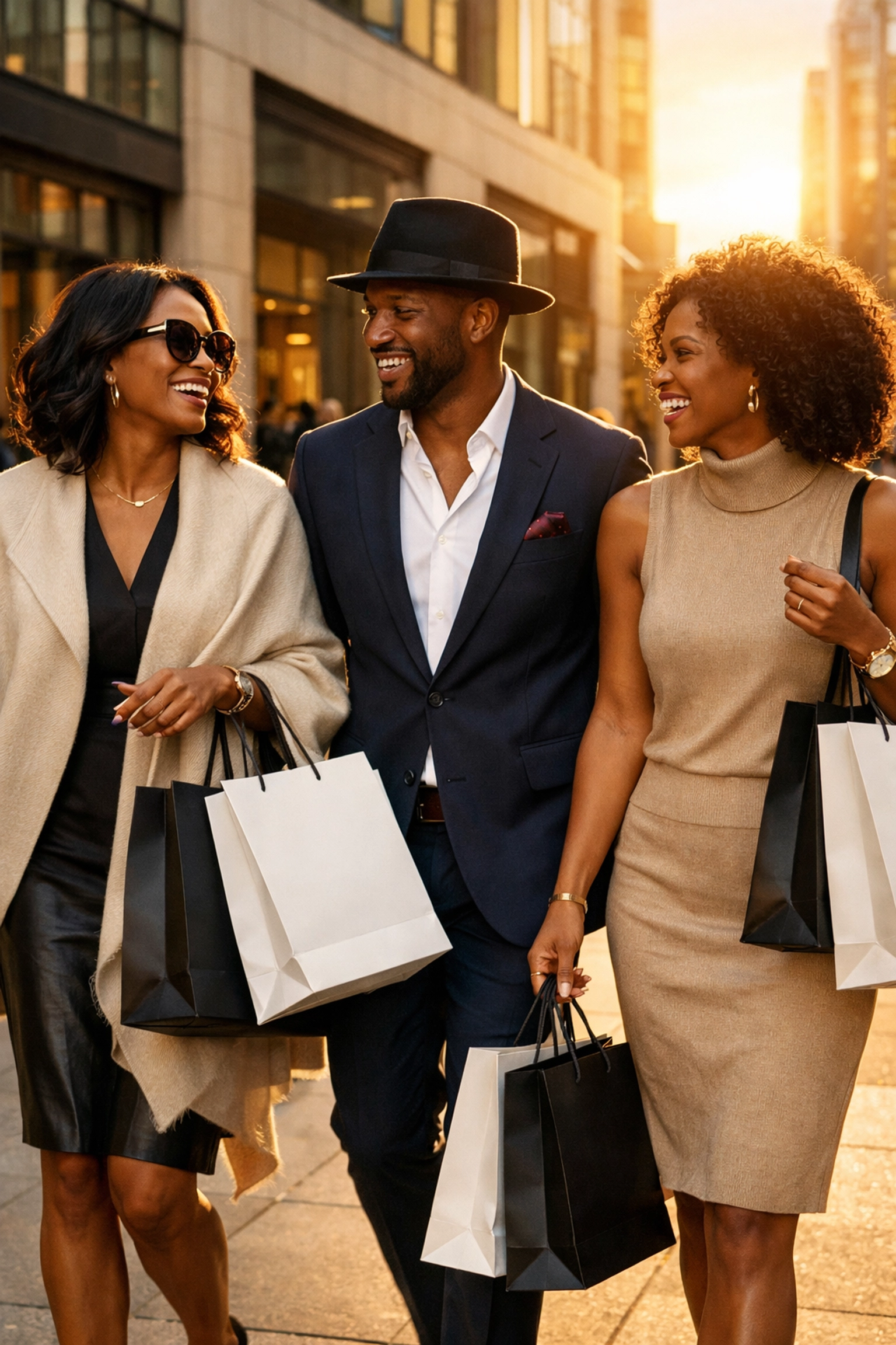Stylish Black professionals shopping at Black-owned businesses to close the racial wealth gap and support the community.