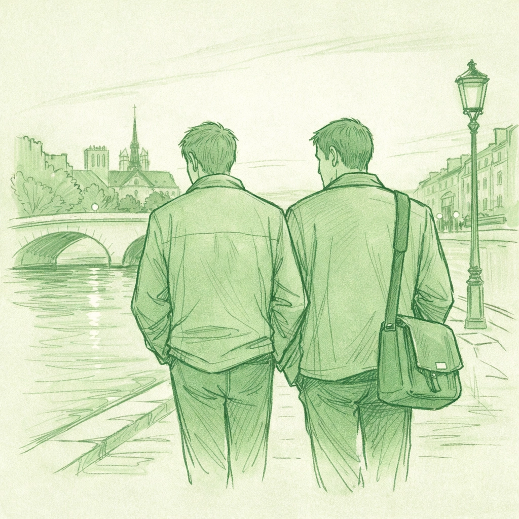 Step-brothers walking along Seine River in Paris, forbidden romance tension